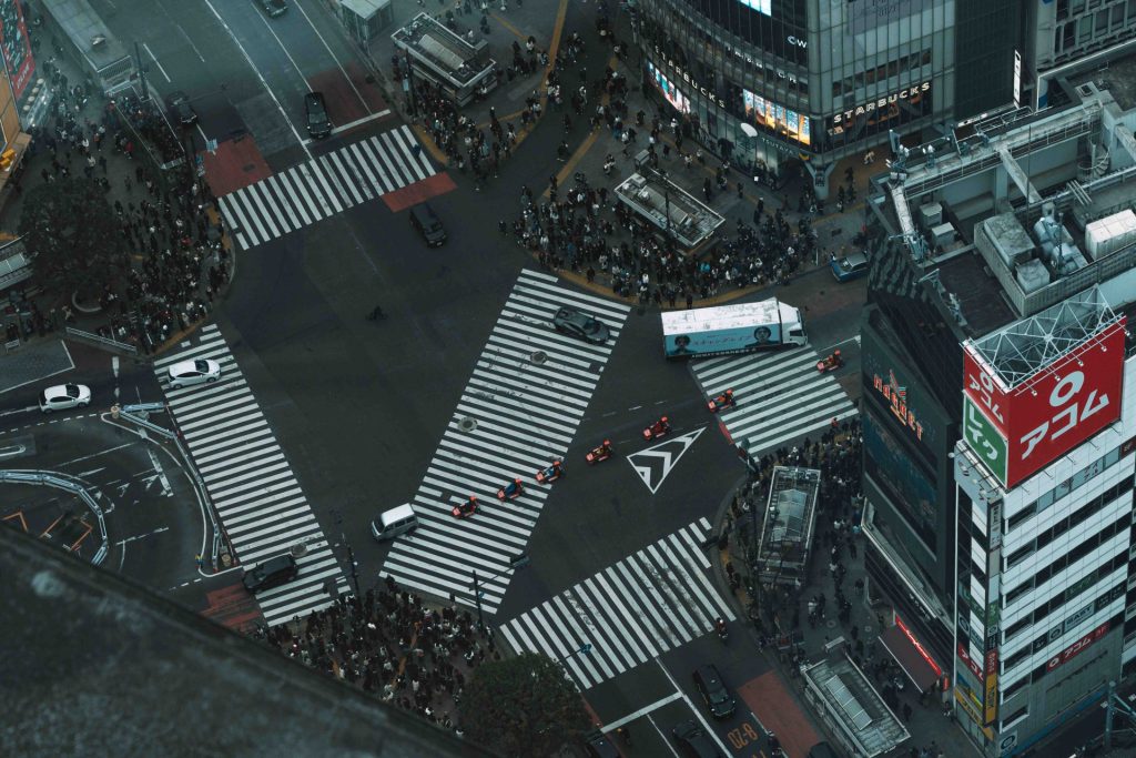 Aerial view of Shibuya Crossing with crowds