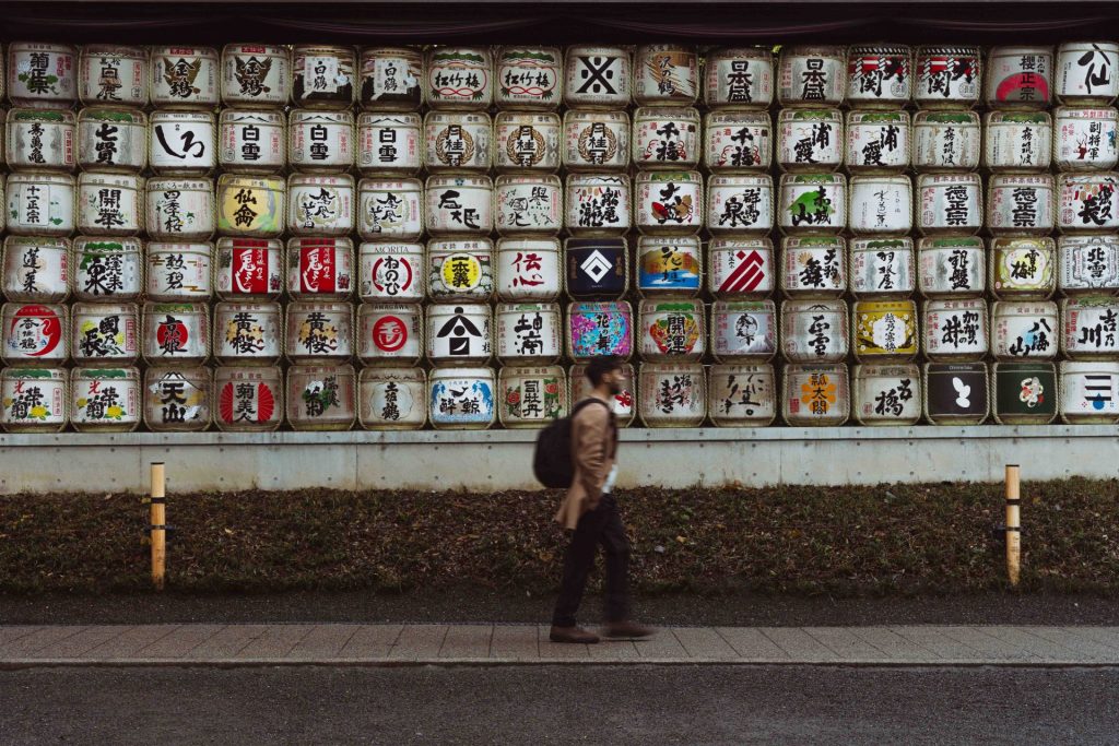 Traditional sake barrels offering at Meiji Shrine