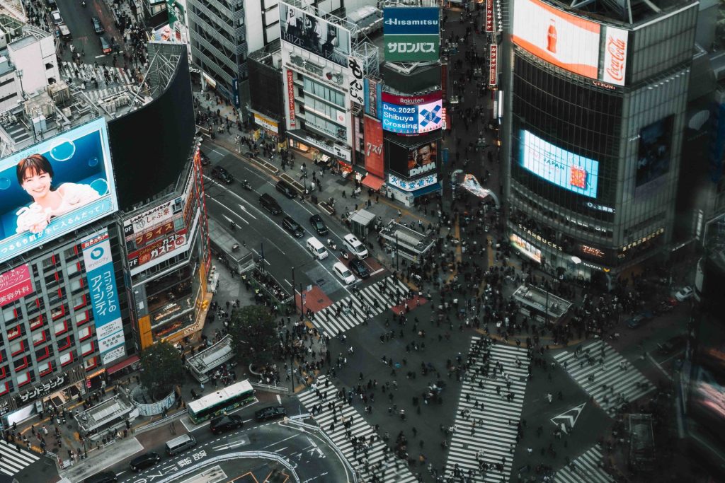 Aerial view of Shibuya Crossing with crowds