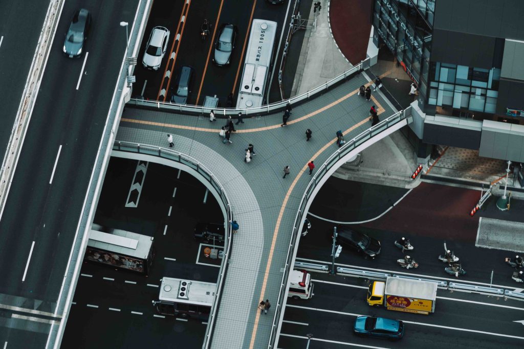 Aerial view of Shibuya Crossing with crowds