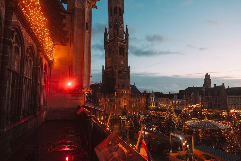 View over Bruges Christmas market from Historium Tower.