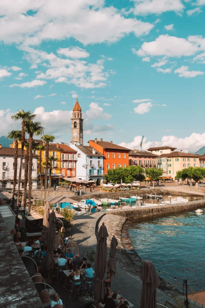 Ascona on the shores of Lake Maggiore with colorful facades and terraces