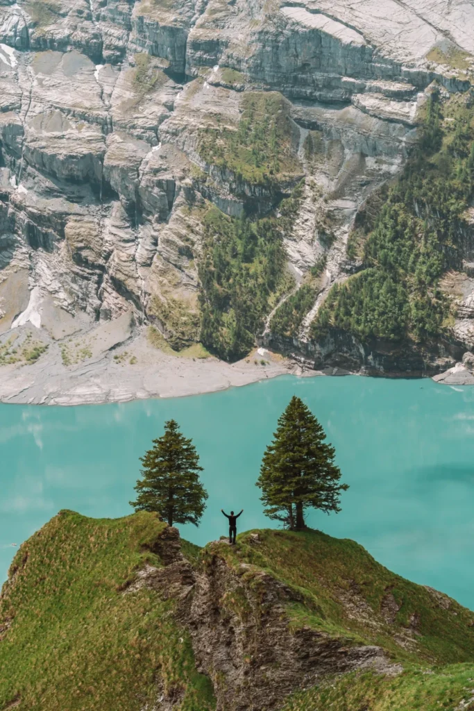 Turquoise waters of Oeschinensee, one of Switzerland's most beautiful lakes
